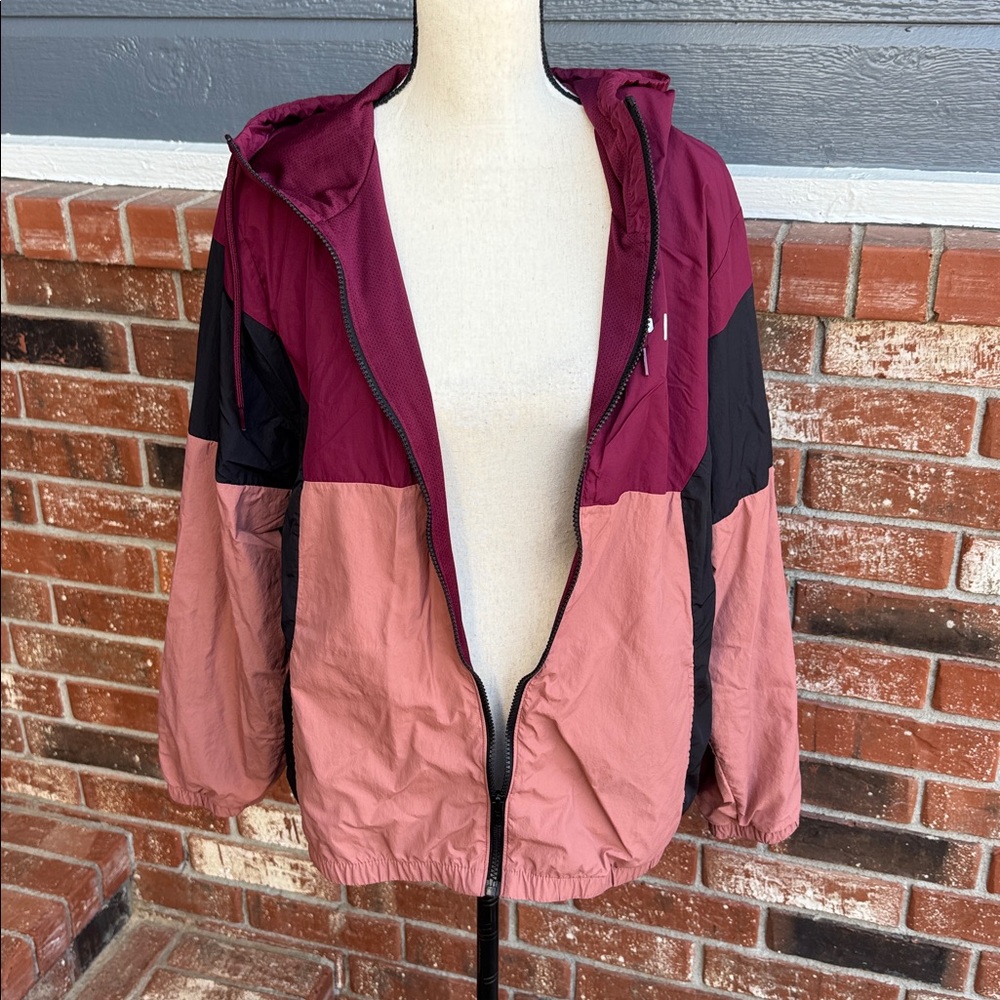 PINK Victoria's Secret Colorblock Windbreaker Jacket M/L Maroon Black Pink Hood - Picture 5 of 7